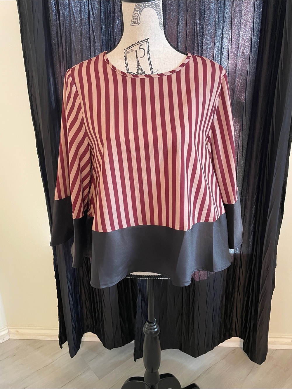 Why Dress Tan & Burgundy Striped Blouse with Black Trim